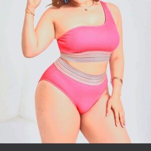 Plus Striped Trim One Shoulder Bikini Swimsuit